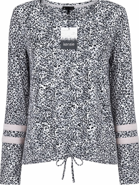 Kensie Tops - KENSIE Size Medium Black & Gray Leopard-Print Long Sleeve Drawstring Top